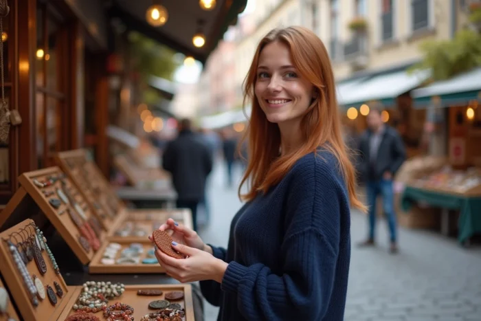 Jeune femme découvrant des bijoux faits main en céramique et perles sur un stand de marché artisanal en Europe