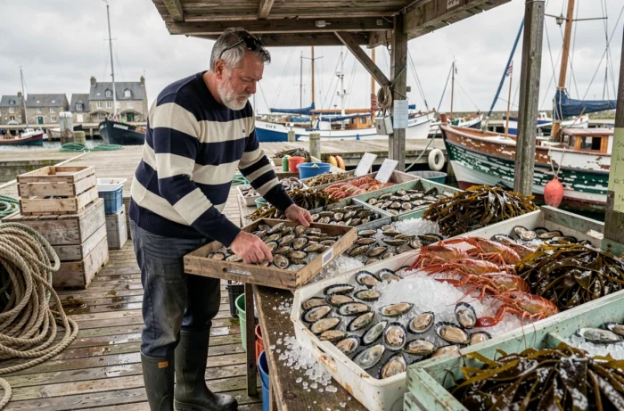 Pêcheur breton vendant des huîtres et des langoustines fraîches sur un marché portuaire de Concarneau en Bretagne