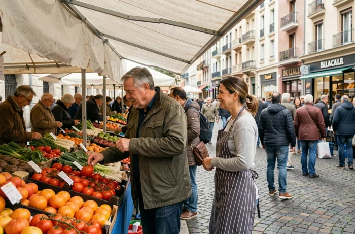 Marché en plein air animé du quartier Mermoz à Lyon avec étals de fruits et légumes frais