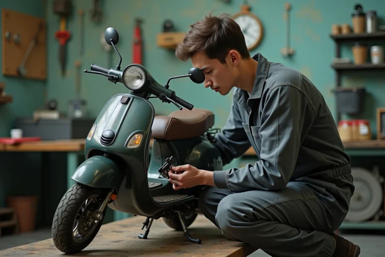 Mécanicien inspectant le moteur d'un scooter 50cc dans un atelier de réparation moto