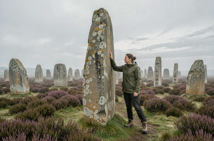Randonneuse bretonne posant la main sur un menhir couvert de lichens dans le site mégalithique de Carnac sous un ciel brumeux