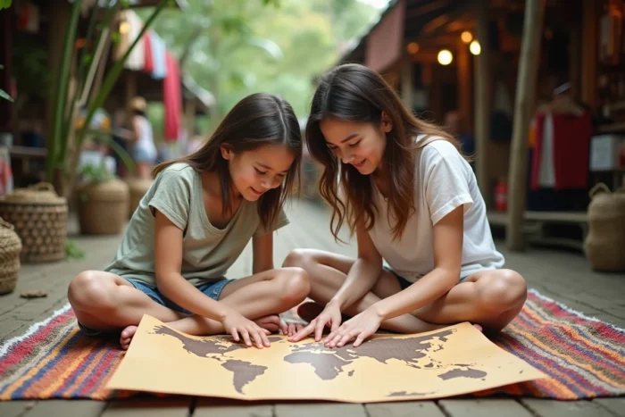 Mère et fille planifiant leur itinéraire sur une carte du monde dans un marché tropical coloré
