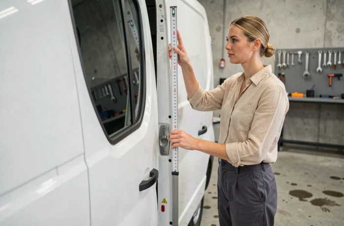 Femme mesurant la hauteur de l'ouverture de porte latérale d'un Renault Trafic dans un atelier