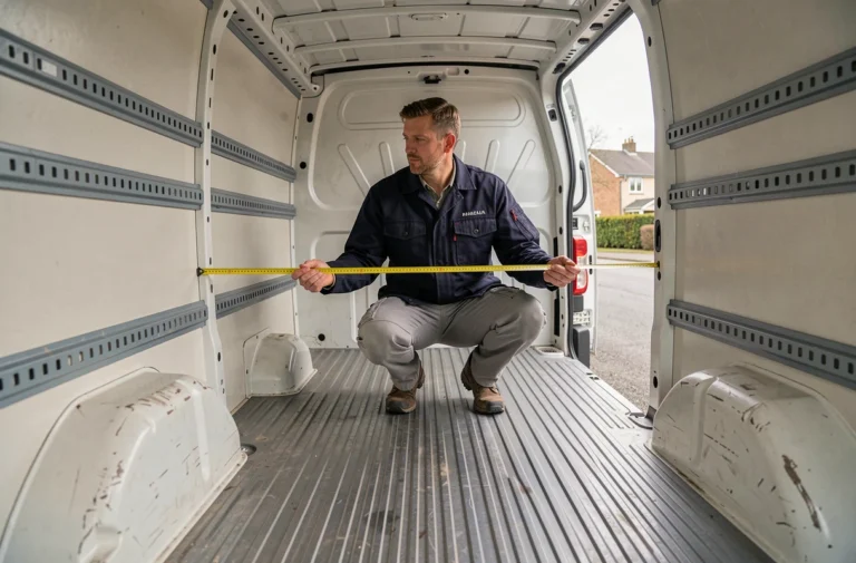 Homme mesurant la largeur intérieure d'un Renault Trafic avec un mètre ruban jaune dans la zone de chargement