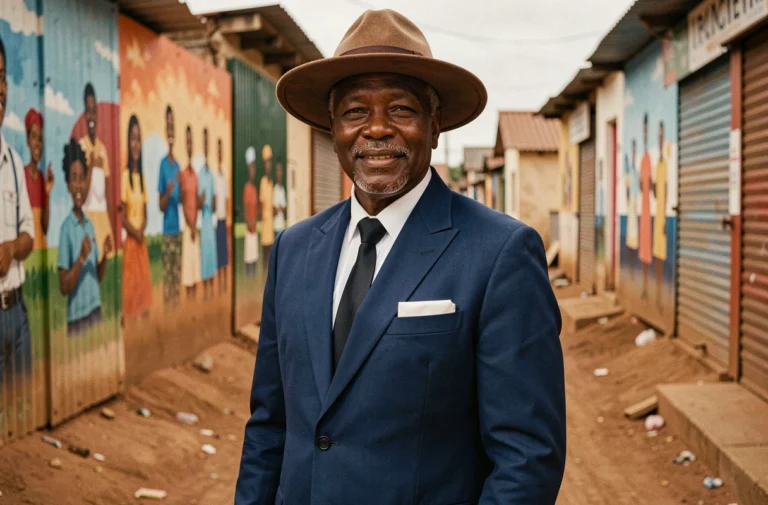 Musicien congolais en costume sapeur bleu cobalt dans une rue animée de Kinshasa, évoquant l'élégance et l'héritage de Papa Wemba