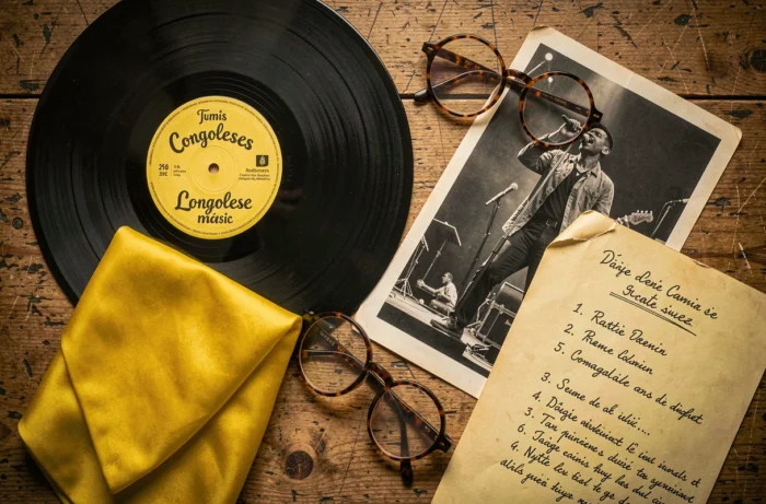 Mise à plat d'objets emblématiques de la musique congolaise — vinyle, lunettes, pochette satin et photo de scène — en hommage à l'héritage de Papa Wemba
