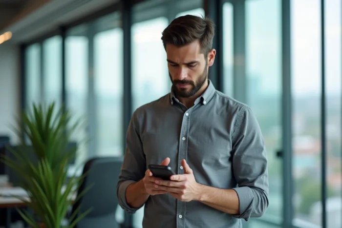 Homme consultant l'application Faljam sur mobile depuis son bureau avec vue sur la ville