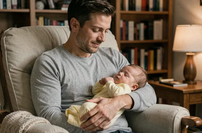 Papa berçant son bébé de quatre mois endormi dans un fauteuil à bascule confortable le soir