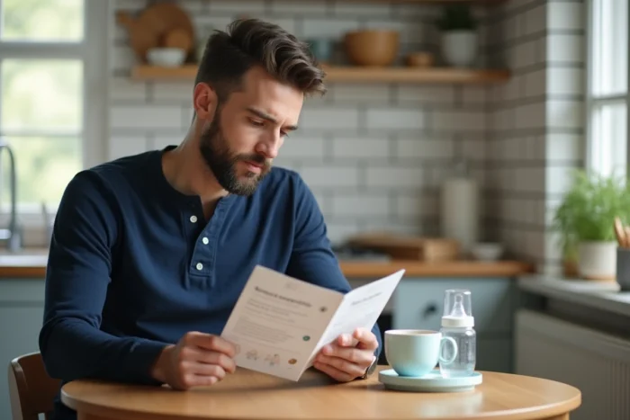 Papa lisant la notice d'un chauffe biberon compatible MAM à la table de la cuisine tôt le matin