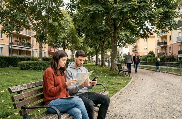 Couple examinant une carte dans un square verdoyant du quartier Mermoz à Lyon avant de s'y installer
