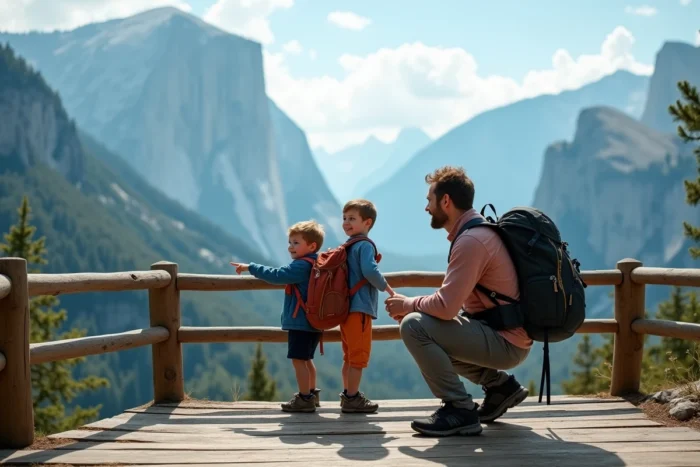 Père et ses fils admirant un panorama montagneux depuis un belvédère en randonnée lors d'un voyage en famille