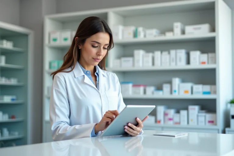 Pharmacienne consultant les nouveautés du site Pharmavia sur une tablette numérique dans une pharmacie moderne
