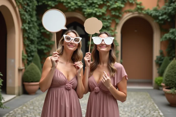 Demoiselles d'honneur s'amusant dans un photobooth décoré lors d'une animation de mariage en plein air à Lyon