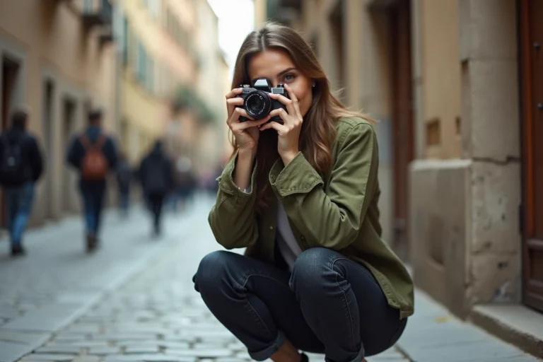 Photographe femme tenant un appareil photo argentique dans une rue pavée européenne, capturant l'instant avec passion