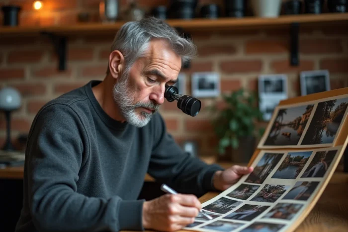 Photographe homme expérimenté analysant des planches contact dans un studio artisanal entouré de tirages photographiques