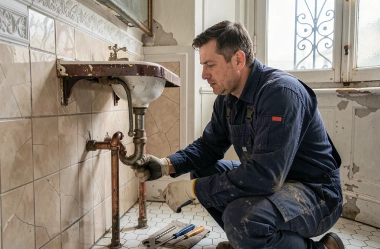 Plombier inspectant des tuyaux en cuivre anciens sous un évier dans un appartement classé de Bruxelles