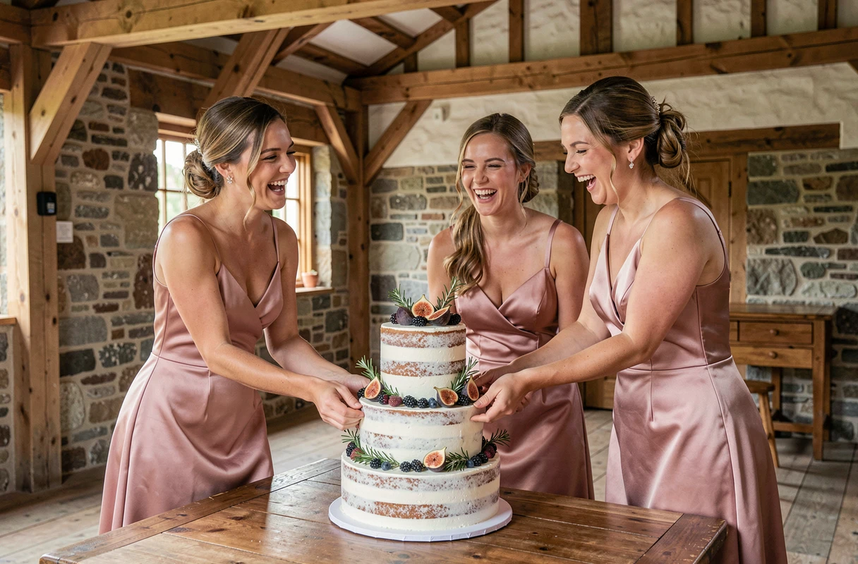 Mariée et demoiselles d'honneur en robes roses arrangeant un wedding cake naked décoré de fruits frais dans une grange rustique lors de la préparation de la réception