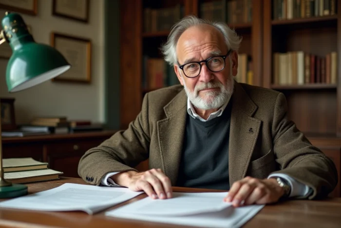 Professeur universitaire examinant des thèses de master dans son bureau académique traditionnel