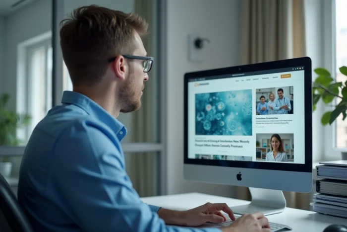 Professionnel de santé consultant les innovations et actualités du site Pharmavia sur un ordinateur de bureau