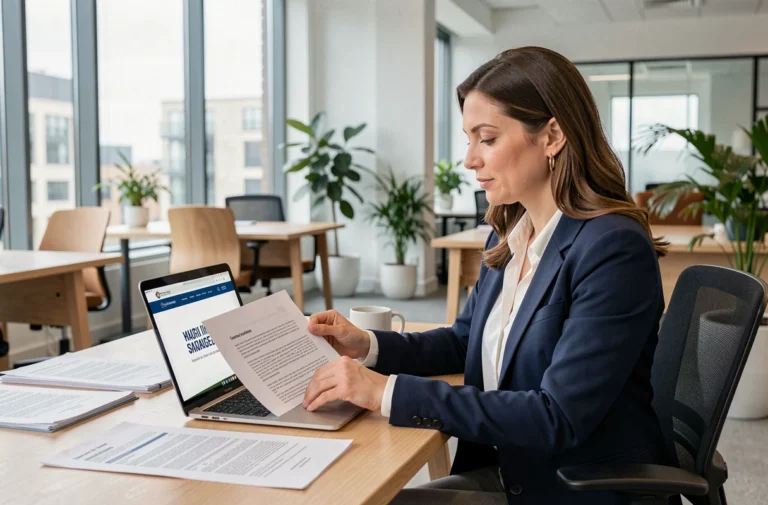 Professionnelle examinant les mentions légales d'un site internet sur son ordinateur portable dans un bureau moderne