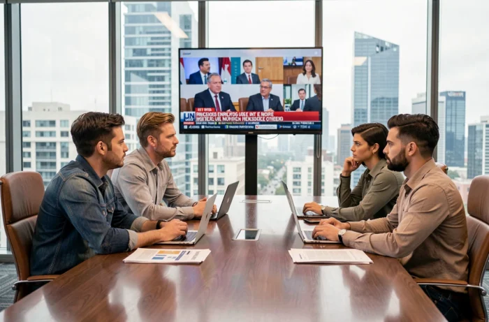 Groupe de professionnels regardant un journal télévisé en direct dans une salle de réunion avec vue sur la ville