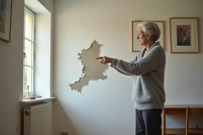 Propriétaire constatant une infiltration d'humidité sur le mur de son appartement en copropriété