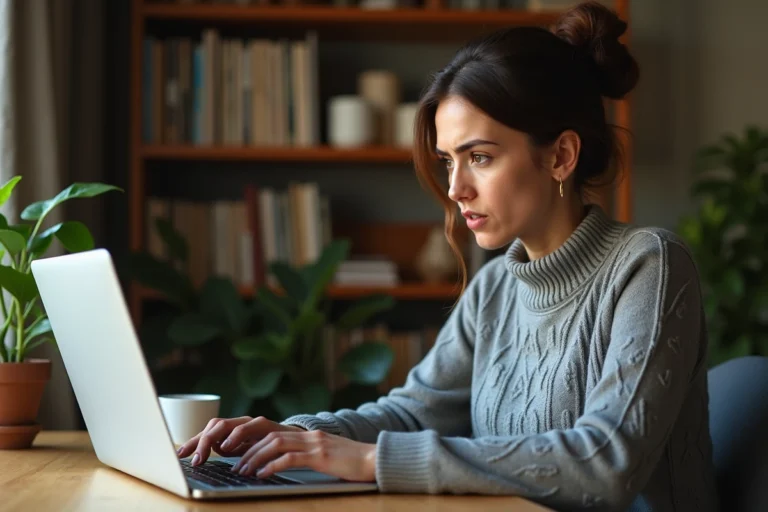 Femme travaillant sur la protection de ses données personnelles sur un ordinateur portable dans un bureau à domicile