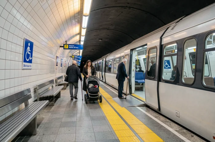 Vue large du quai accessible de la station Mairie d'Ivry sur la ligne 7 du métro parisien avec rampe d'accès et signalétique PMR