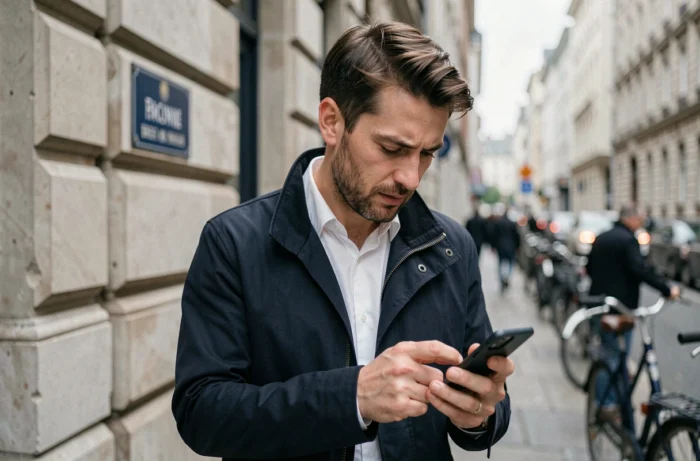 Homme consultant son smartphone dans la rue pour trouver une adresse à partir d'un nom