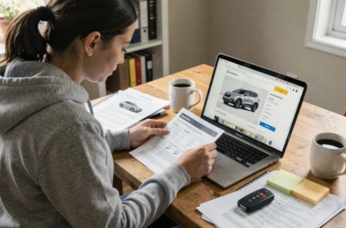 Femme effectuant des recherches sur les caractéristiques techniques d'un véhicule récent depuis son bureau à domicile avec laptop et fiches imprimées
