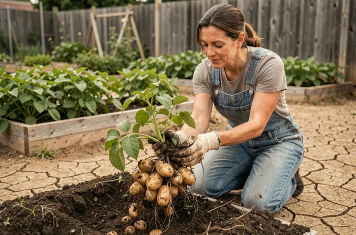 Femme récoltant des pommes de terre dans un jardin potager en tirant une plante chargée de tubercules hors d'un sol riche et sombre