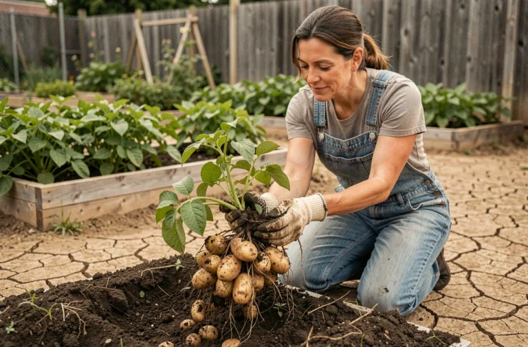 Femme récoltant des pommes de terre dans un jardin potager en tirant une plante chargée de tubercules hors d'un sol riche et sombre