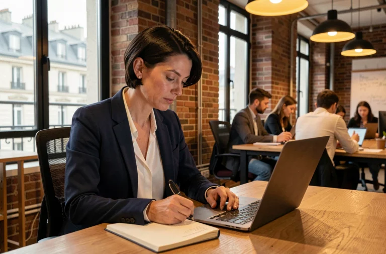 Une femme de 38 ans en pleine reconversion professionnelle prend des notes dans un espace de co-working parisien, illustrant la formation continue sans retour à l'université