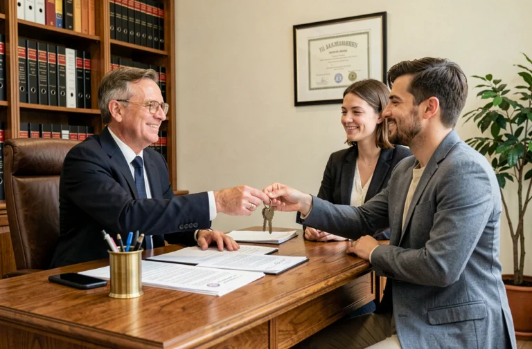 Notaire remettant les clés d'un bien immobilier à un couple lors de la signature chez le notaire
