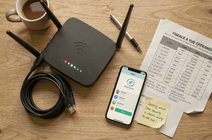 Vue aérienne d'un routeur Wi-Fi, câble ethernet et smartphone affichant une application de scan réseau sur un bureau en bois
