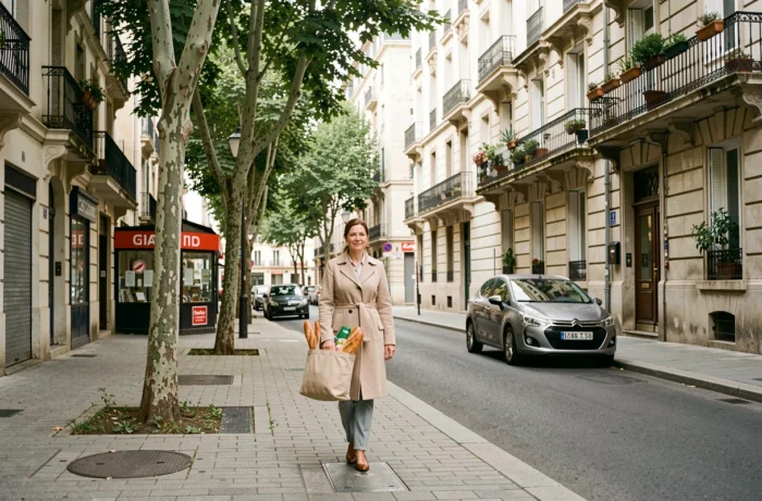 Rue résidentielle typique du quartier Mermoz à Lyon avec immeubles en pierre et platanes bordant le trottoir