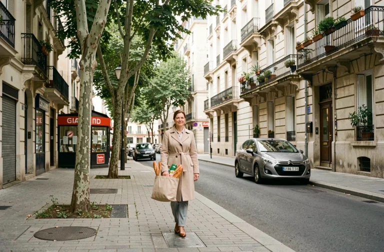Rue résidentielle typique du quartier Mermoz à Lyon avec immeubles en pierre et platanes bordant le trottoir