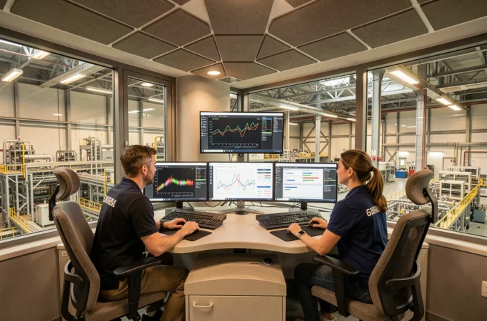 Opérateurs surveillant en temps réel les données de production industrielle depuis une salle de contrôle moderne avec écrans multiples dans une usine française