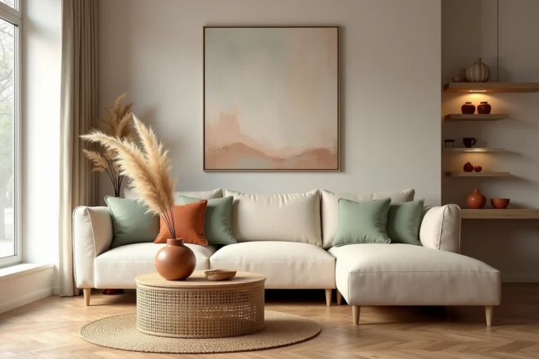Salon scandinave moderne avec canapé bouclé crème, coussins terracotta et vert sauge, parquet en chêne et décoration tendance 2024