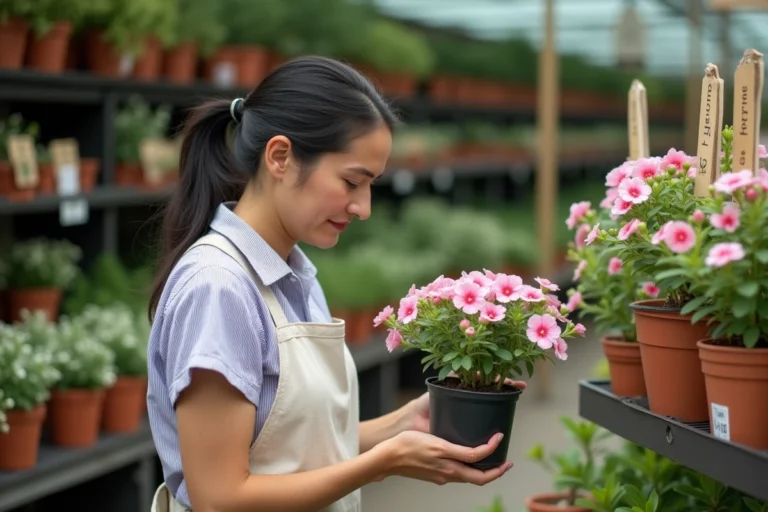 Femme sélectionnant un arbuste à fleurs roses dans une jardinerie en plein air