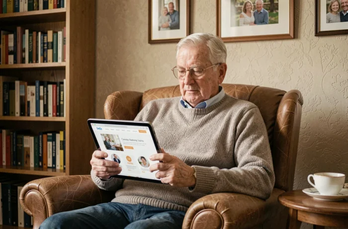 Senior consultant les tarifs Age d'Or Services 2026 sur une tablette numérique dans son salon