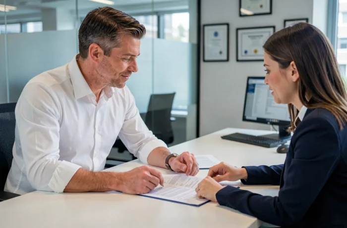 Homme signant un contrat de prêt immobilier avec une conseillère bancaire dans un bureau professionnel