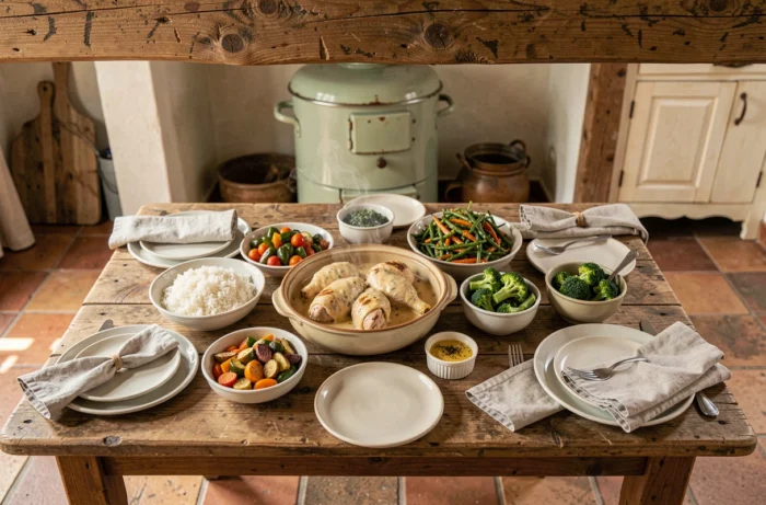 Table rustique française avec poulet à la crème maison entouré d'accompagnements variés comme riz, légumes rôtis et moutarde