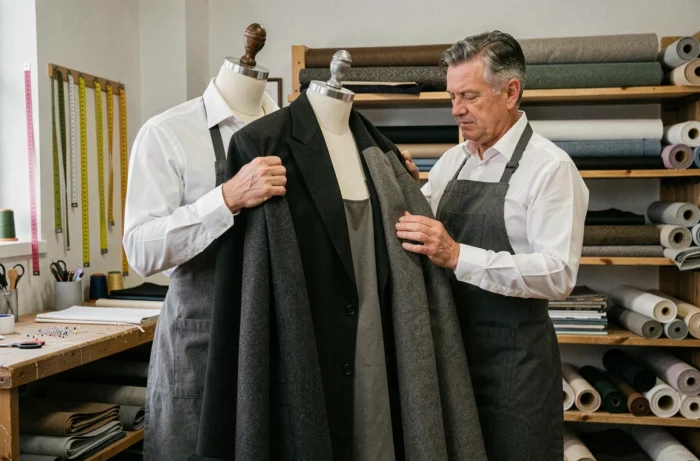Tailleur drapant des tissus noirs de laine et crêpe sur un mannequin pour confectionner une robe d'avocat