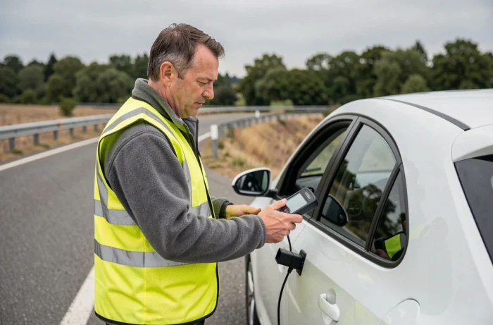 Technicien d'assistance routière utilisant un scanner OBD pour diagnostiquer un voyant orange sur une voiture