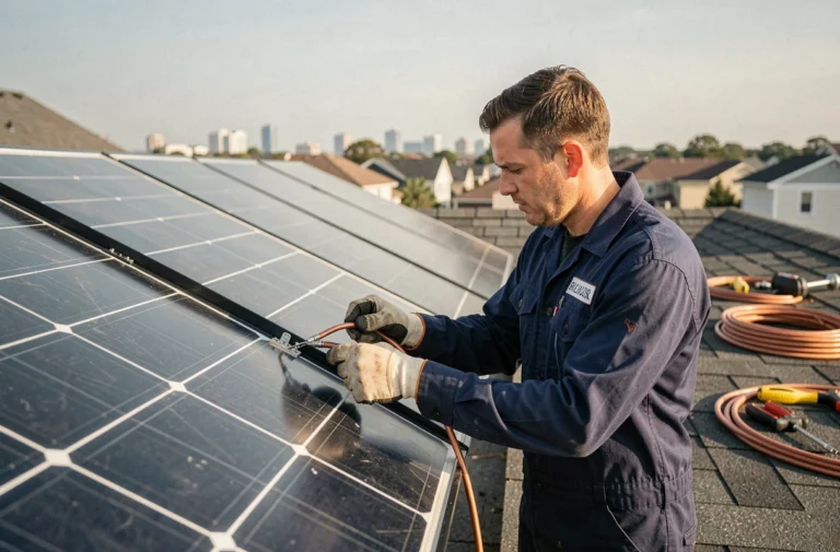 Technicien solaire connectant une boucle d'induction sur des panneaux solaires en toiture
