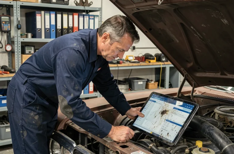 Technicien automobile consultant une base de données technique sur tablette devant un moteur de voiture ancienne dans un garage professionnel