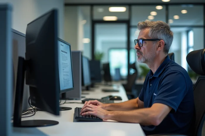 Technicien informatique en train de résoudre un problème d'accès à une adresse mail SFR sur ordinateur de bureau en open space