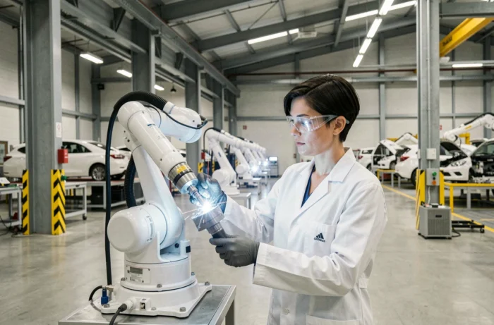 Technicienne réglant un bras de soudage robotique dans une usine automobile française avec des lignes d'assemblage automatisées en arrière-plan