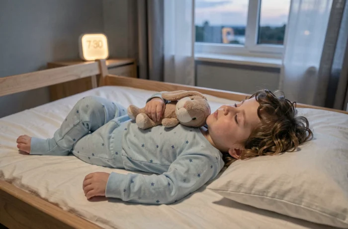 Tout-petit de dix-huit mois en pyjama étoilé bleu s'endormant dans son lit avec un doudou lapin à l'heure du coucher